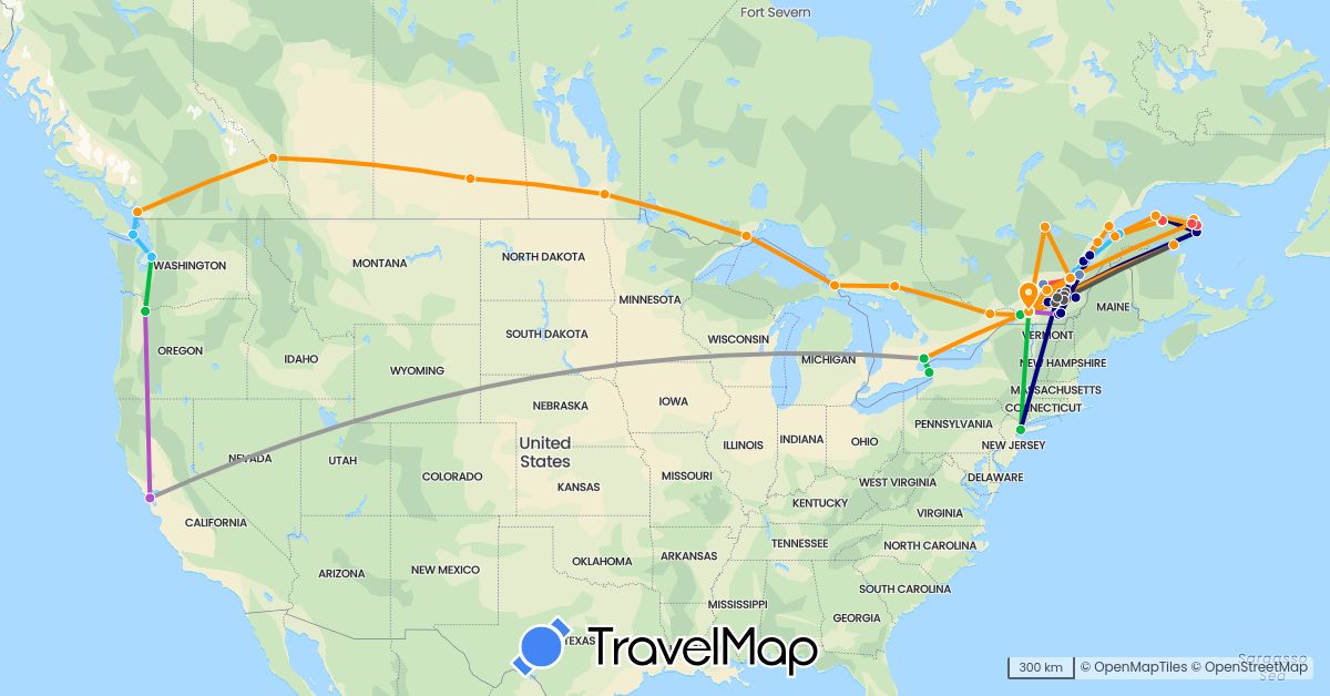 TravelMap itinerary: driving, bus, plane, cycling, train, hiking, boat, hitchhiking, motorbike in Canada, United States (North America)