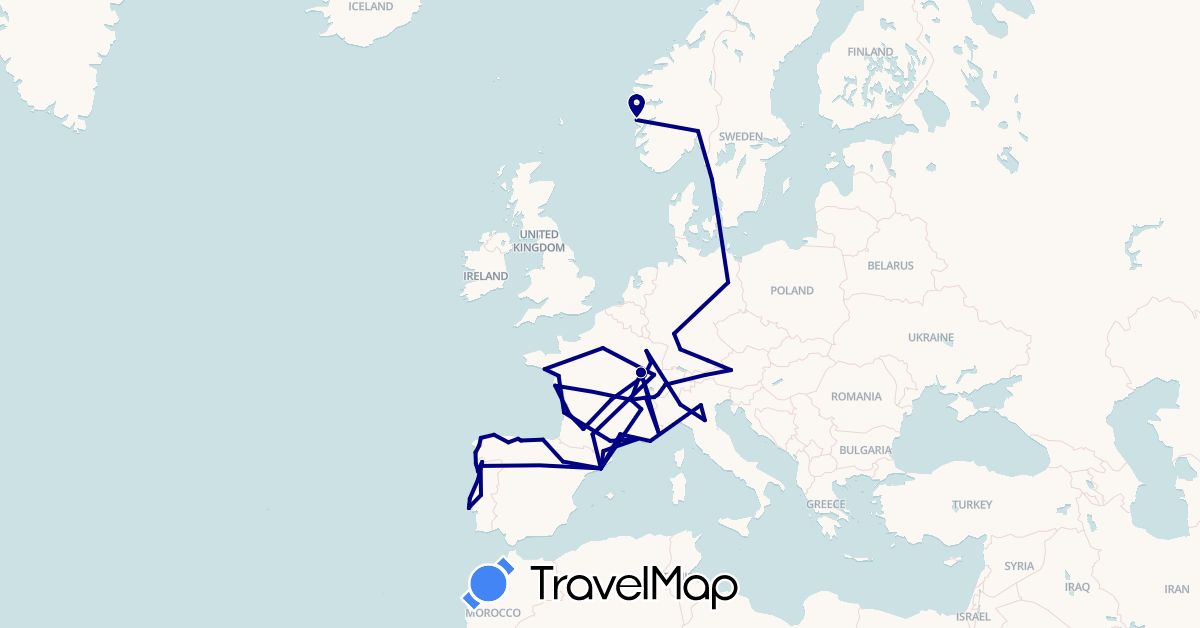 TravelMap itinerary: driving in Austria, Switzerland, Germany, Denmark, Spain, France, Italy, Norway, Portugal, Sweden (Europe)
